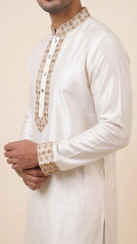 Mens White Embroidered Panjabi Taati-A01